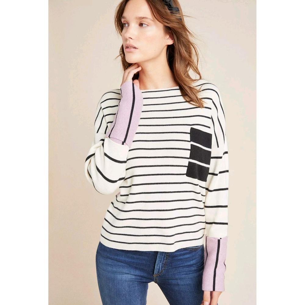 Anthropologie XS Faye Striped Sweater Boat Neck Long Sleeve Pocket Ivory‎ Purple